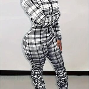 Plus size fashion plaid long sleeve jumpsuit